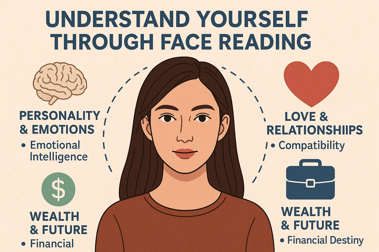 Face reading infographic showing personality, relationships, and wealth insights